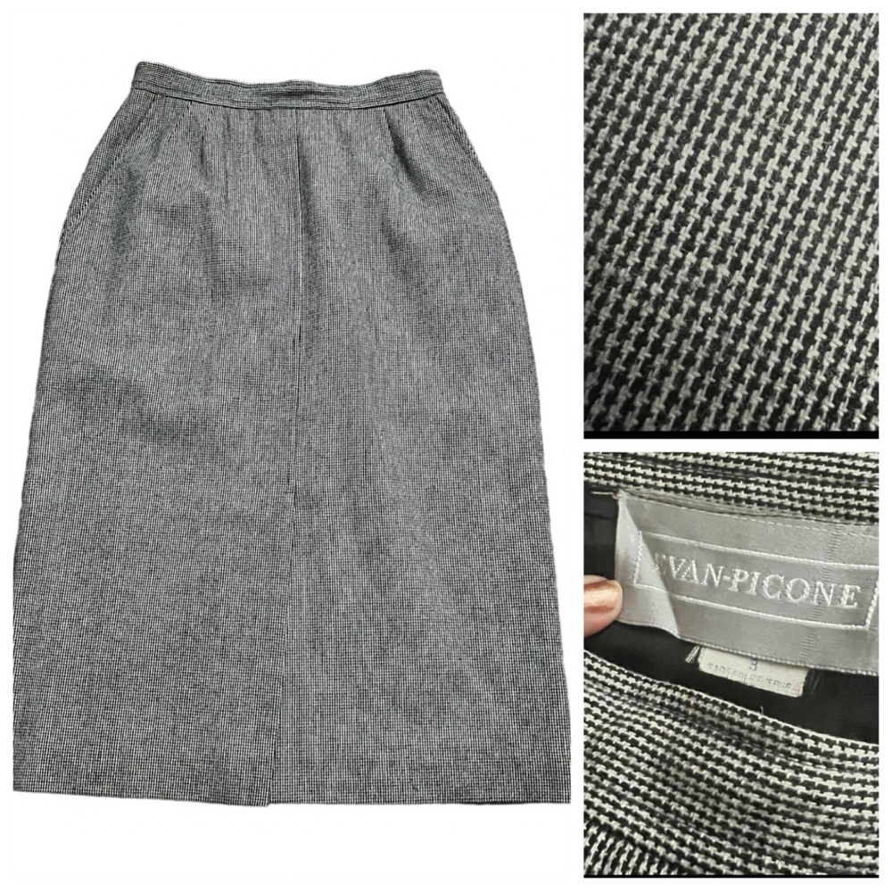 Vintage Evan Picone Black and White Herringbone Pencil Skirt with Front Slit, S